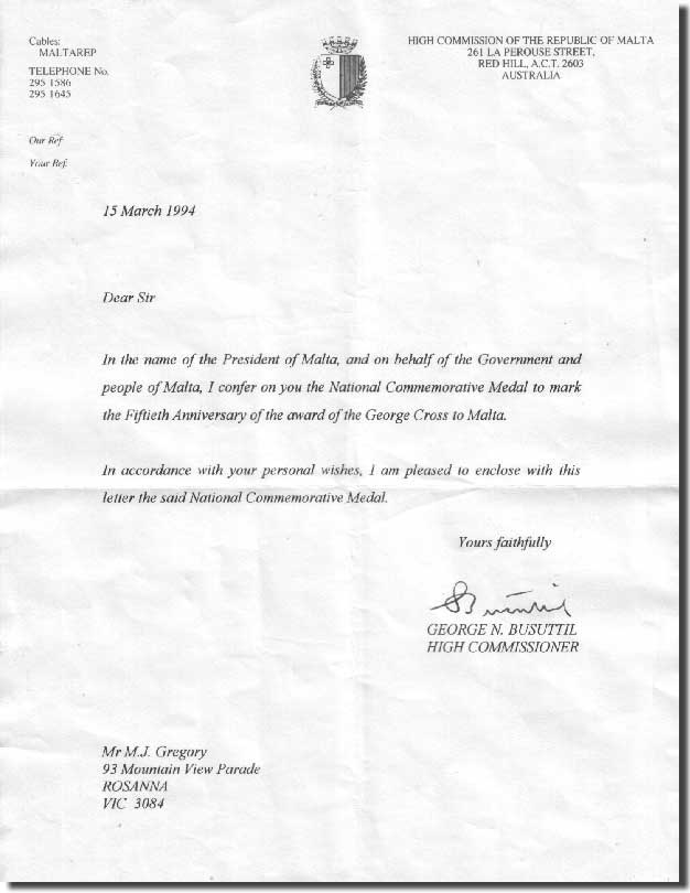 Letter from the High Commissioner, The Republic of Malta